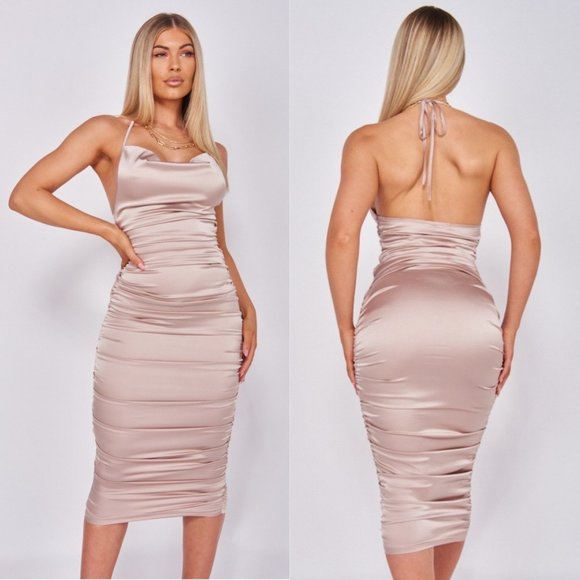 Dresses & Skirts - Nude Silk Satin Sleeveless Cowl Neck Backless Ruched Bodycon Midi Dress